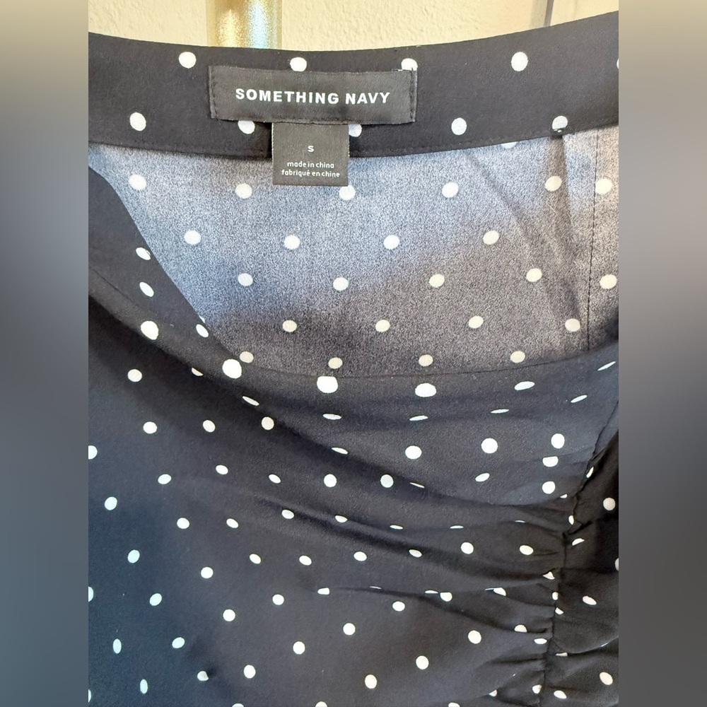 NWOT - Something Navy Rouched Midi Slip Skirt Black w. White Polka Dot - Size S - Picture 10 of 11